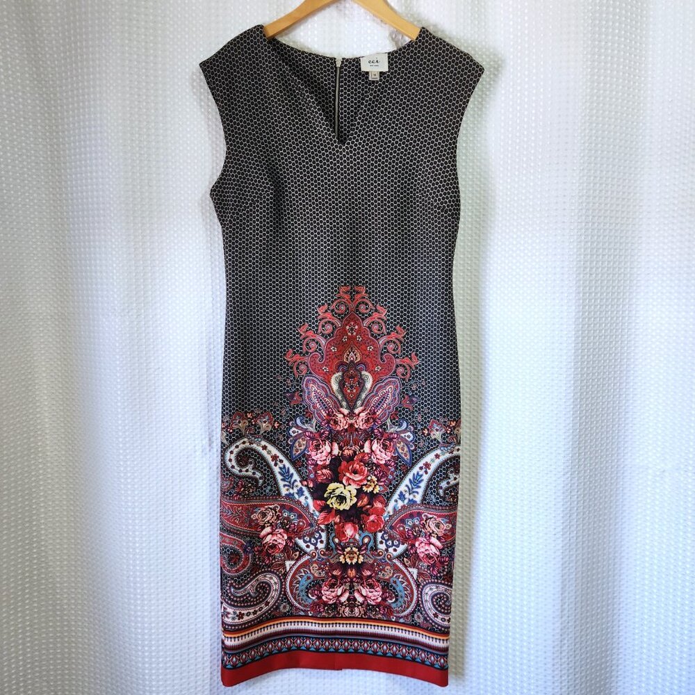 Boho Paisley Floral Midi Dress ECI Size 10 Sleeveless V‑Neck Stretch Fit
